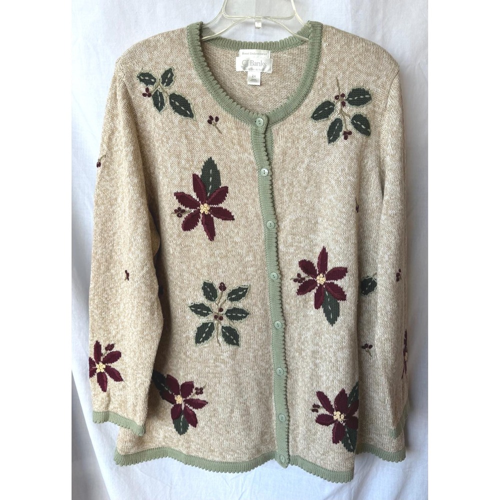 2003 CJ Banks Y2K‎ Cardigan Poinsettia Embroidered Grandmacore Cottagecore 2X